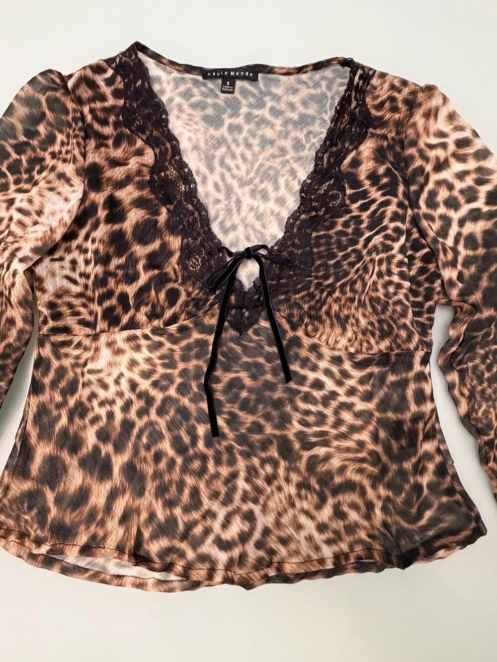 Vintage Y2K Babydoll Top Womens Leopard Mesh Size S Lace Tie Front Long Sleeve